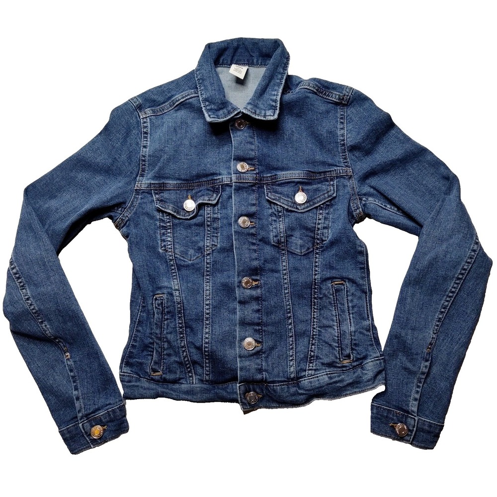 H&M &DENIM Women Size 2 Blue Stretch Denim Cropped Jean Trucker Jacket